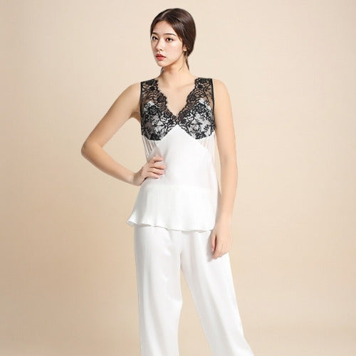 Kalinde - Lace-Trim Silk Camisole & Wide-Leg Pants Set | The Silk Avenue