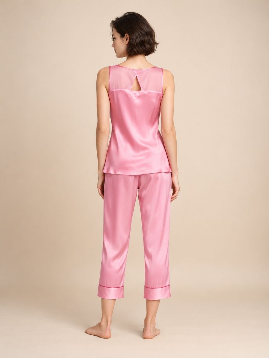Kalinde - Pink Lace-Trim Silk Camisole & Wide-Leg Pants Set | The Silk Avenue