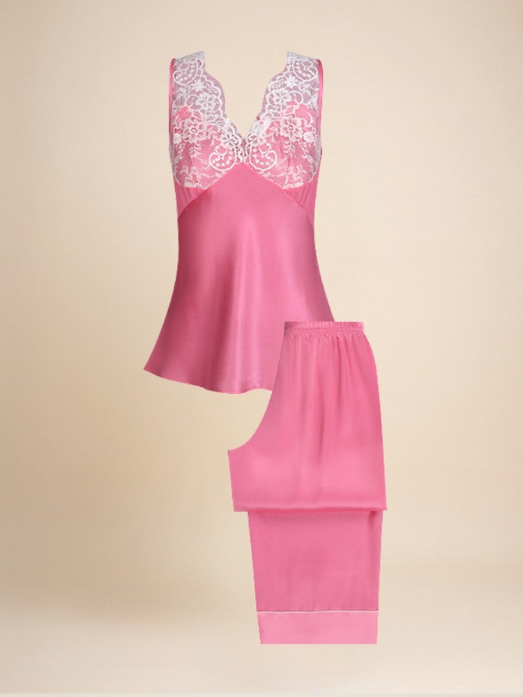 Kalinde - Lace-Trim Silk Camisole & Wide-Leg Pants Set | The Silk Avenue
