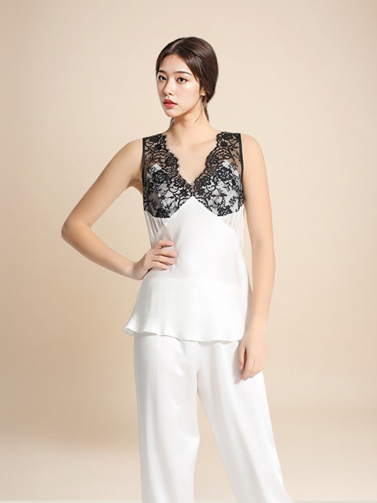 Kalinde - Lace-Trim Silk Camisole & Wide-Leg Pants Set | The Silk Avenue