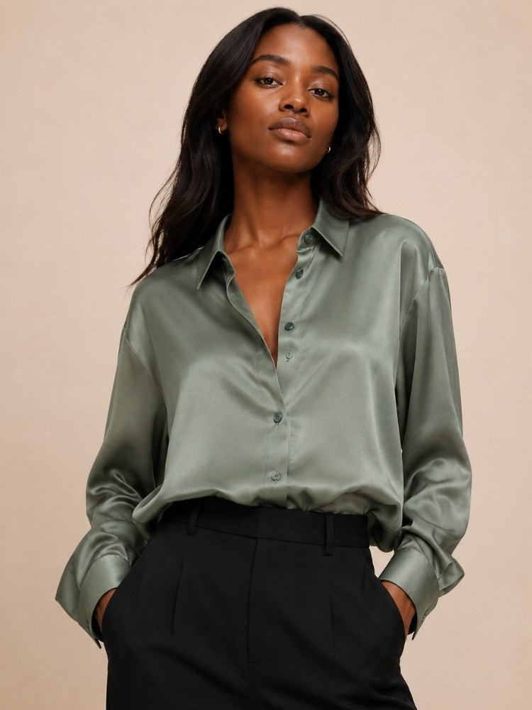 Kirelda - Sage Green Relaxed Silk Shirt | The Silk Avenue