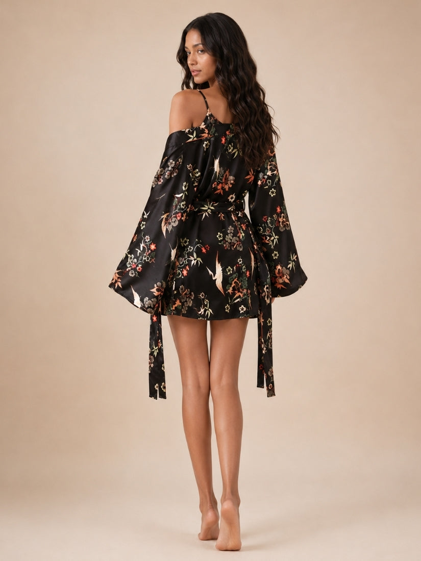 Lana - Black Floral Silk Robe & Camisole Set | The Silk Avenue