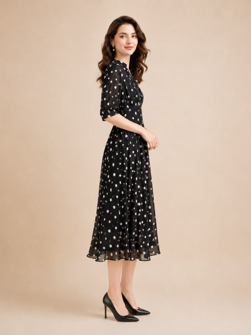 Lara - Polka Dot V-Neck Silk Midi Dress Black | The Silk Avenue