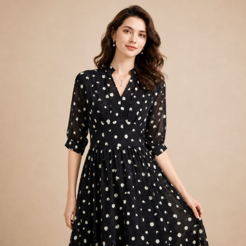Lara - Polka Dot V-Neck Silk Midi Dress Black | The Silk Avenue
