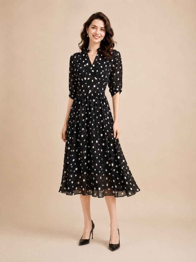 Lara - Polka Dot V-Neck Silk Midi Dress Black | The Silk Avenue