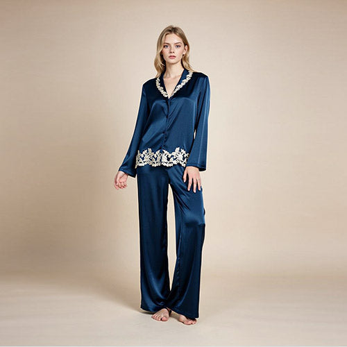 Loranna Long Sleeve Botanical Lace Silk Pajama Set | The Silk Avenue