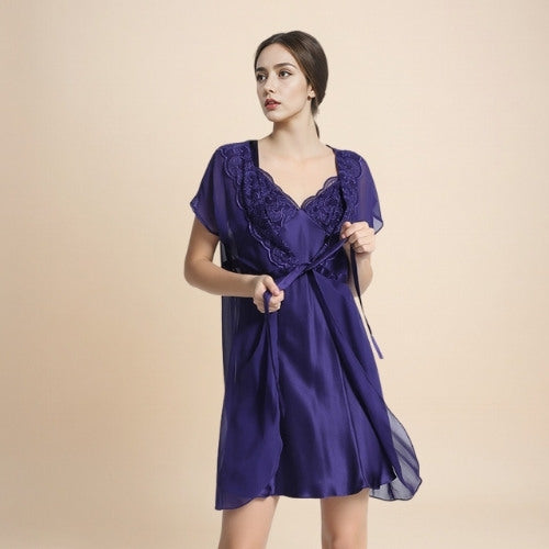Lysavine - Lace V-Neck Silk Robe Set | The Silk Avenue