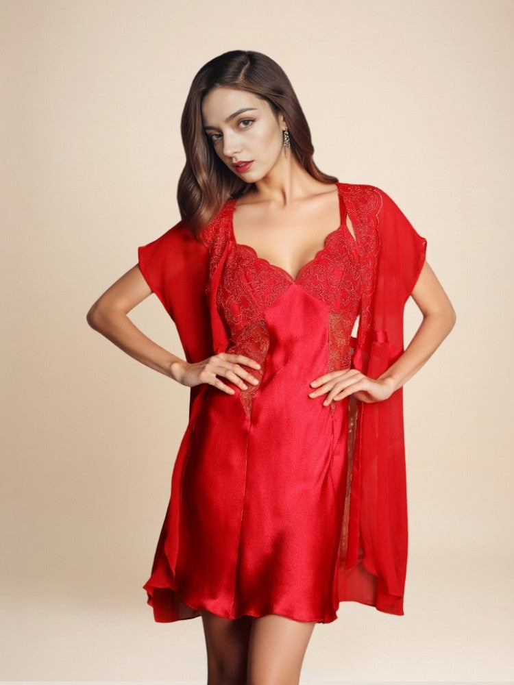 Lysavine - Lace V-Neck Silk Robe Set | The Silk Avenue