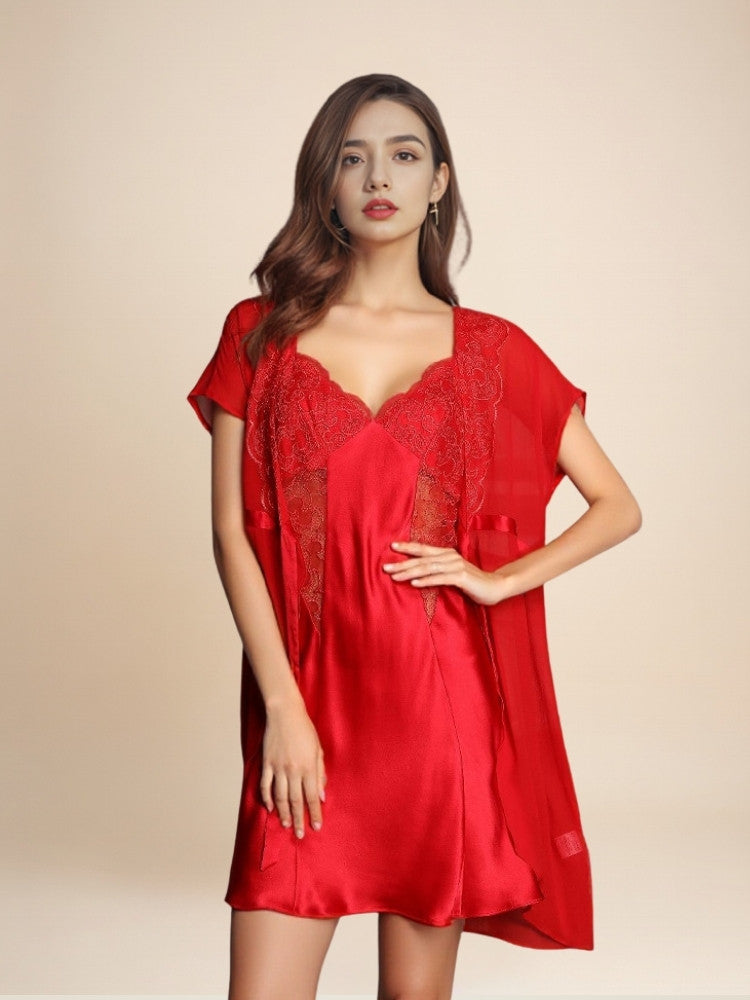 Lysavine - Lace V-Neck Silk Robe Set | The Silk Avenue