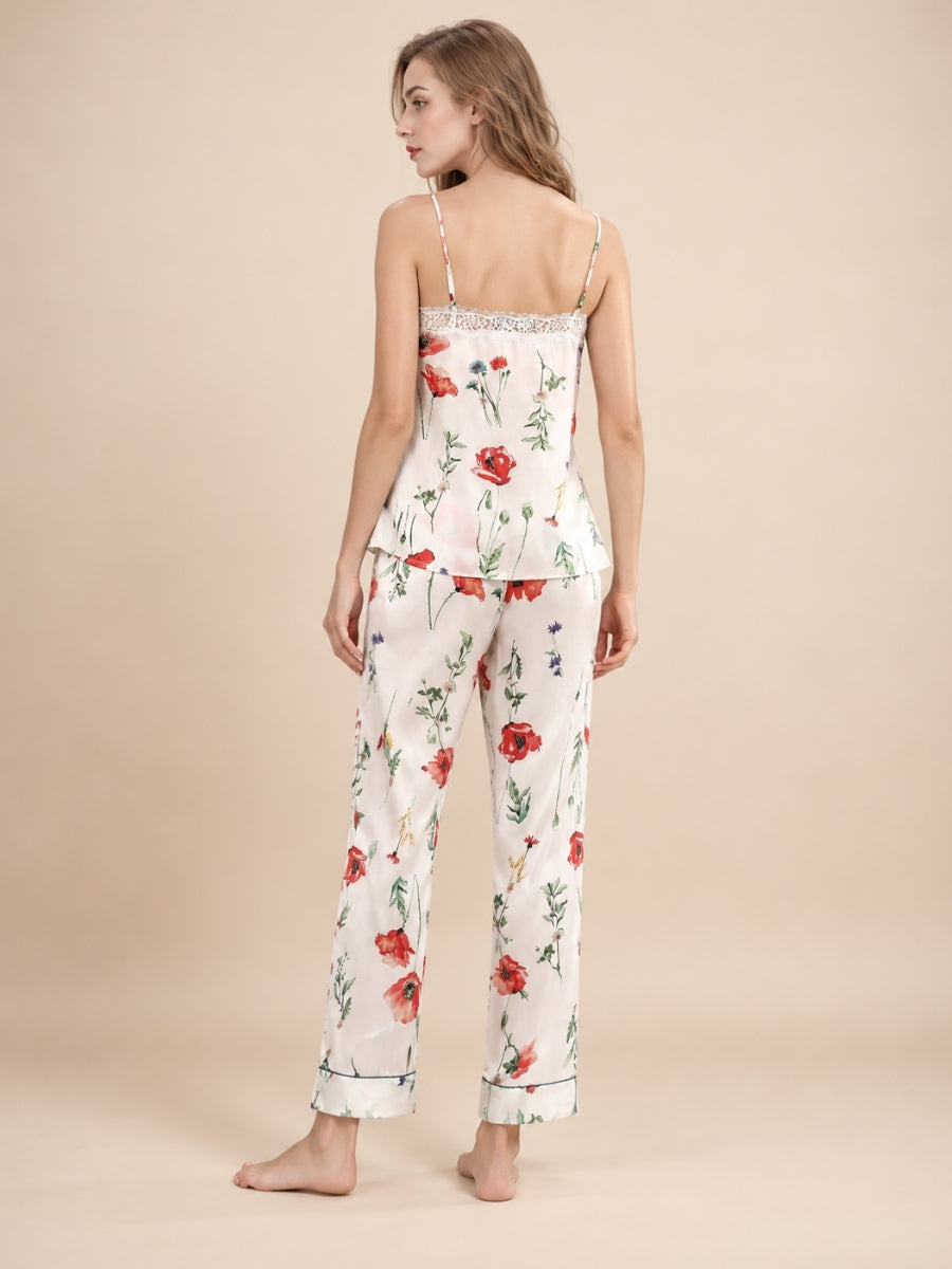 Maesel - White Floral Silk Camisole Pajama Set | The Silk Avenue