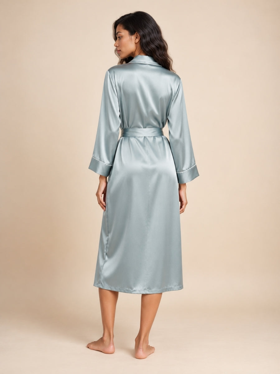 Malenya - Light Blue Long Shawl Collar Silk Robe | The Silk Avenue