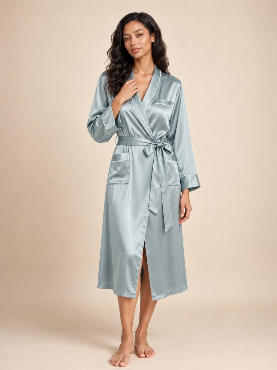 Malenya - Light Blue Long Shawl Collar Silk Robe | The Silk Avenue