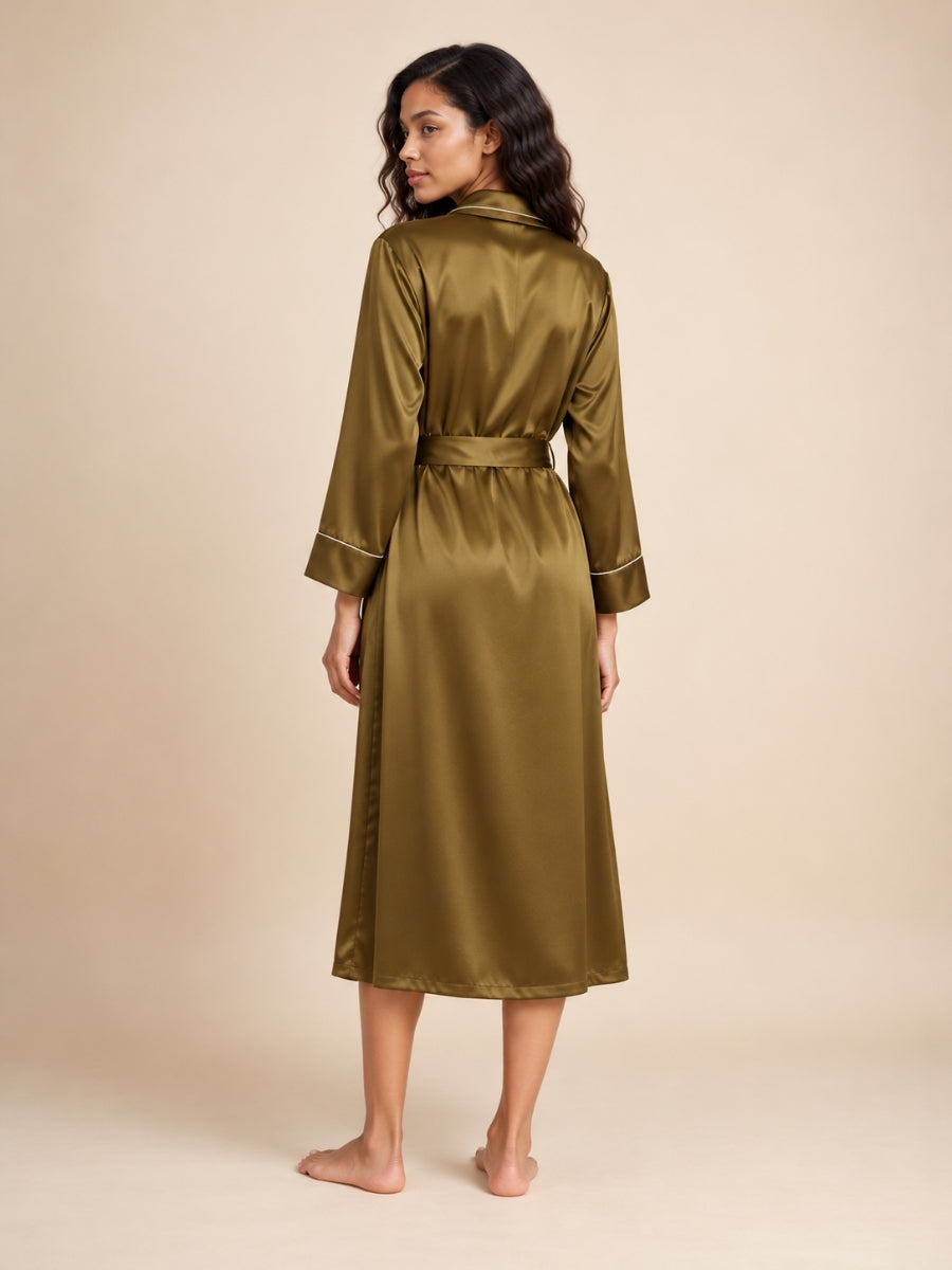 Malenya - Olive Green Long Shawl Collar Silk Robe | The Silk Avenue