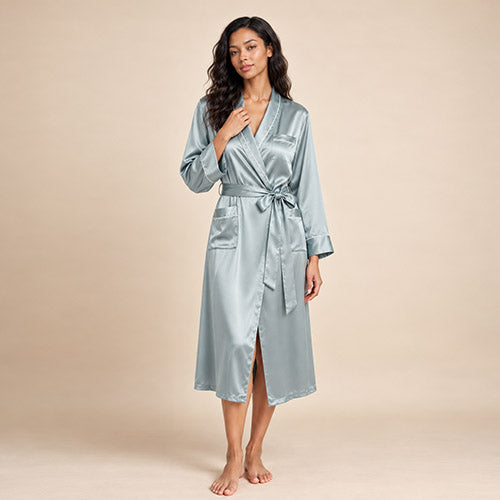 Malenya - Light Blue Long Shawl Collar Silk Robe | The Silk Avenue