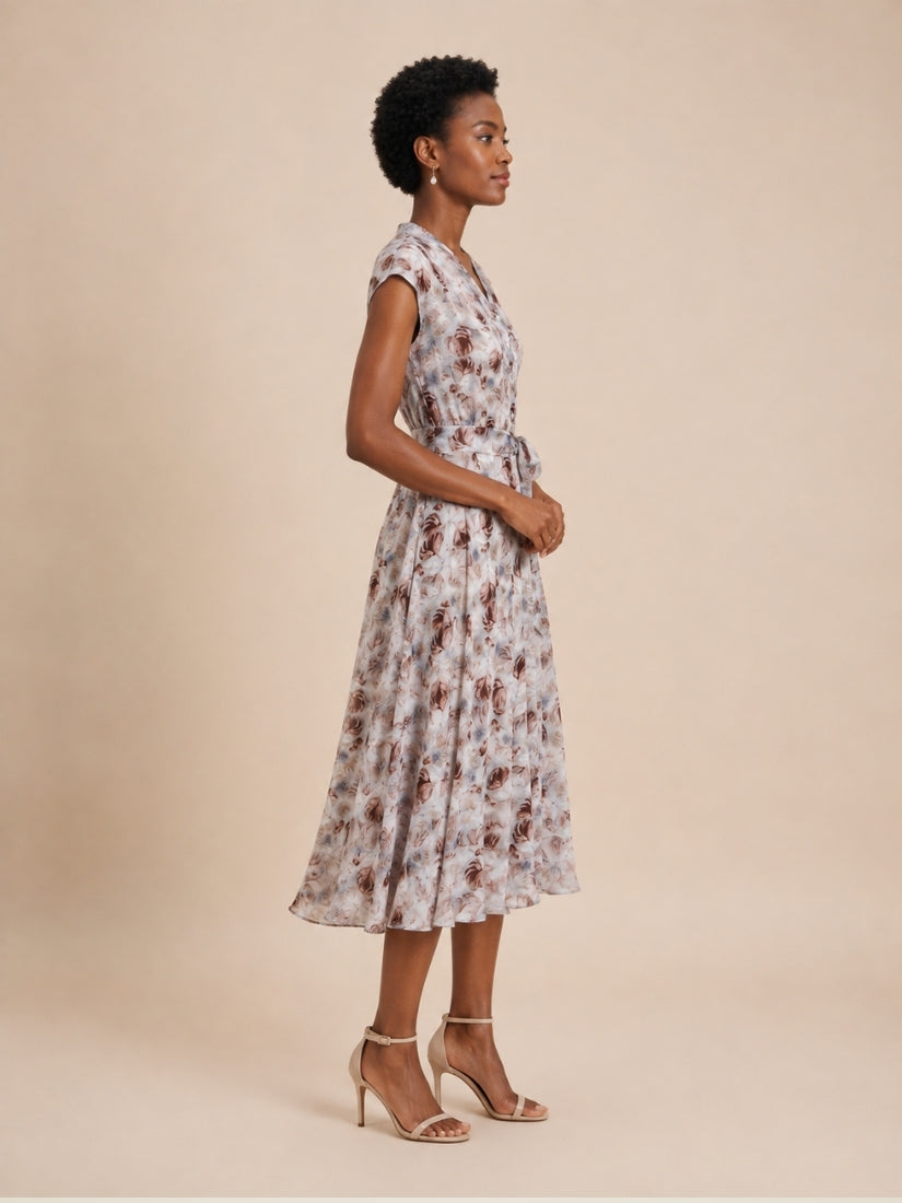 Marina - Rose Print Cap-Sleeve Silk Dress Floral Print | The Silk Avenue