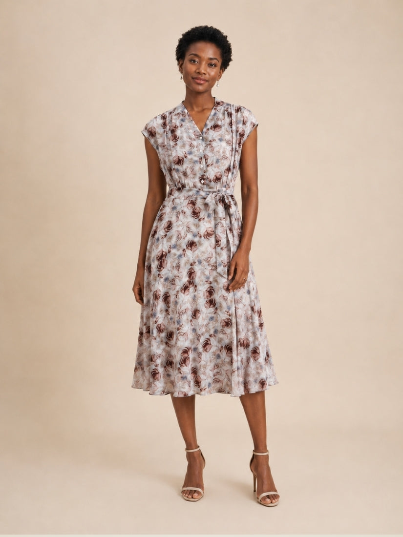 Marina - Rose Print Cap-Sleeve Silk Dress Floral Print | The Silk Avenue