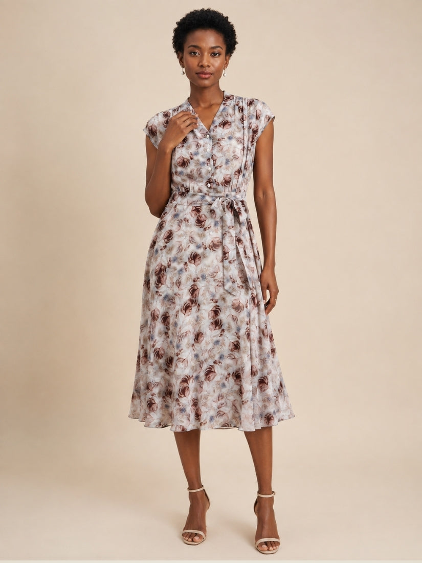 Marina - Rose Print Cap-Sleeve Silk Dress Floral Print | The Silk Avenue