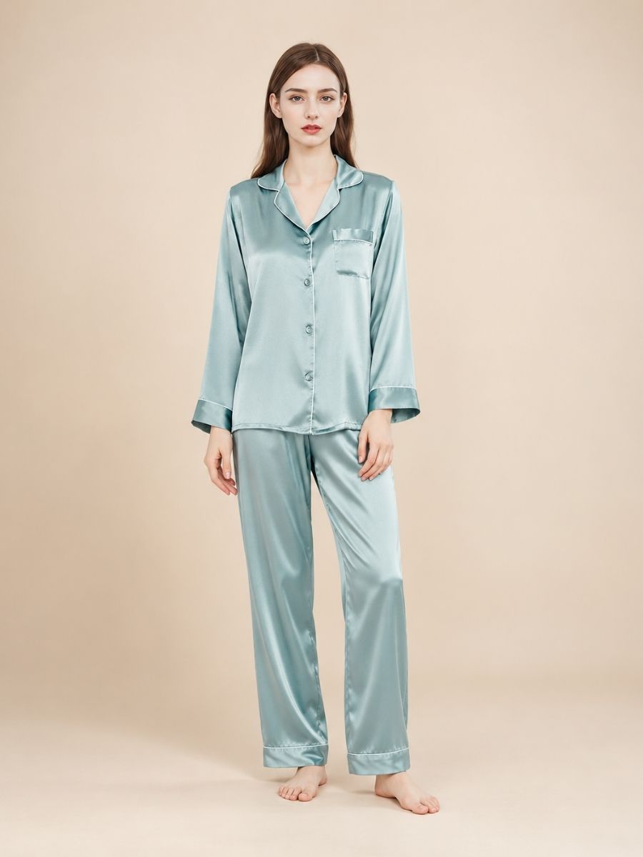 Miriane - Light Blue Silk Pajama Set | The Silk Avenue
