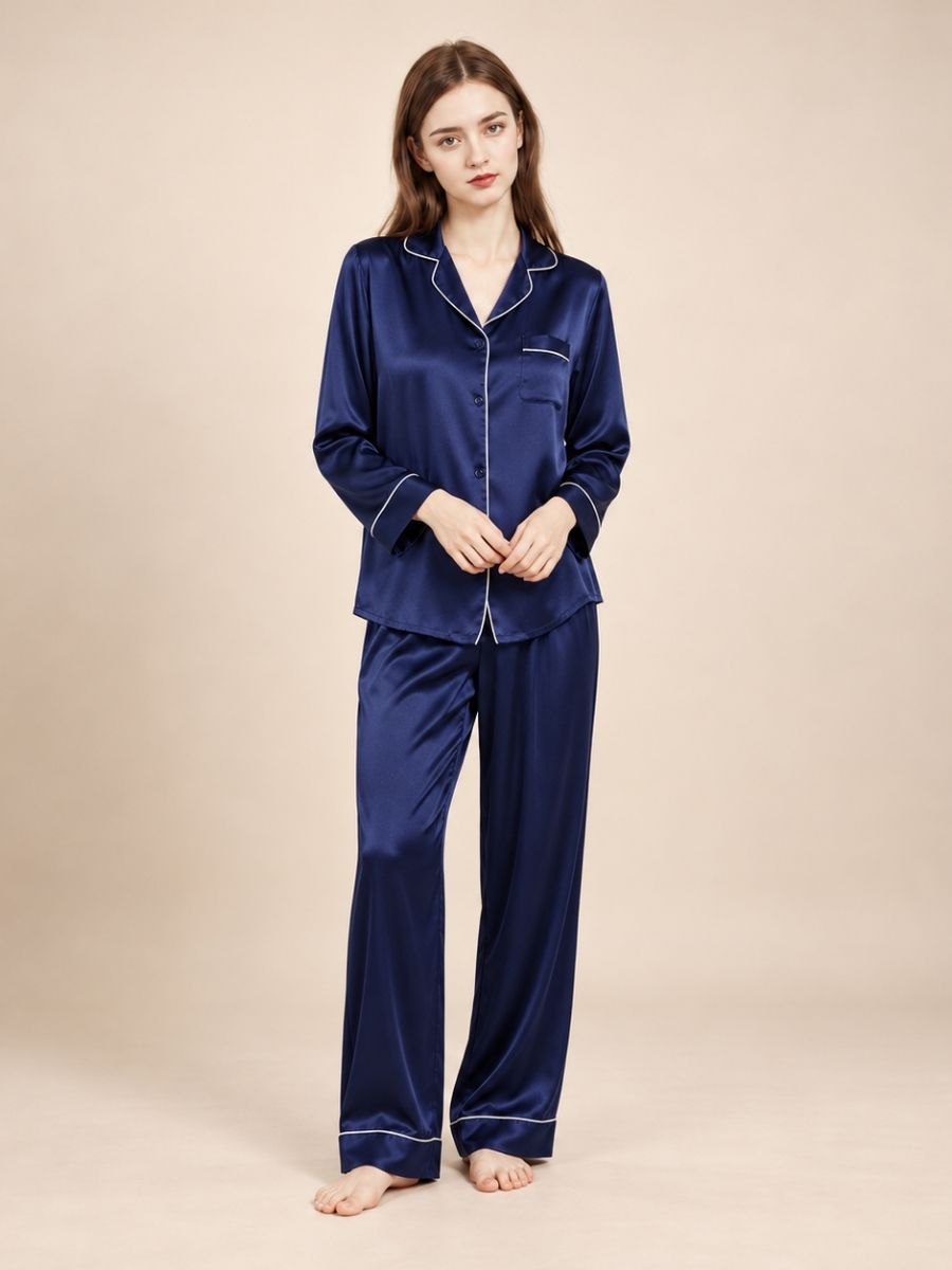 Miriane - Navy Silk Pajama Set | The Silk Avenue
