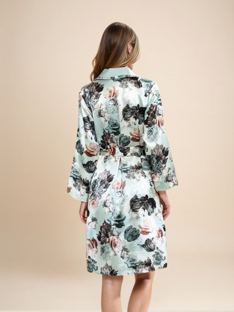 Myriana - Silk Botanical Print Lined Robe | The Silk Avenue