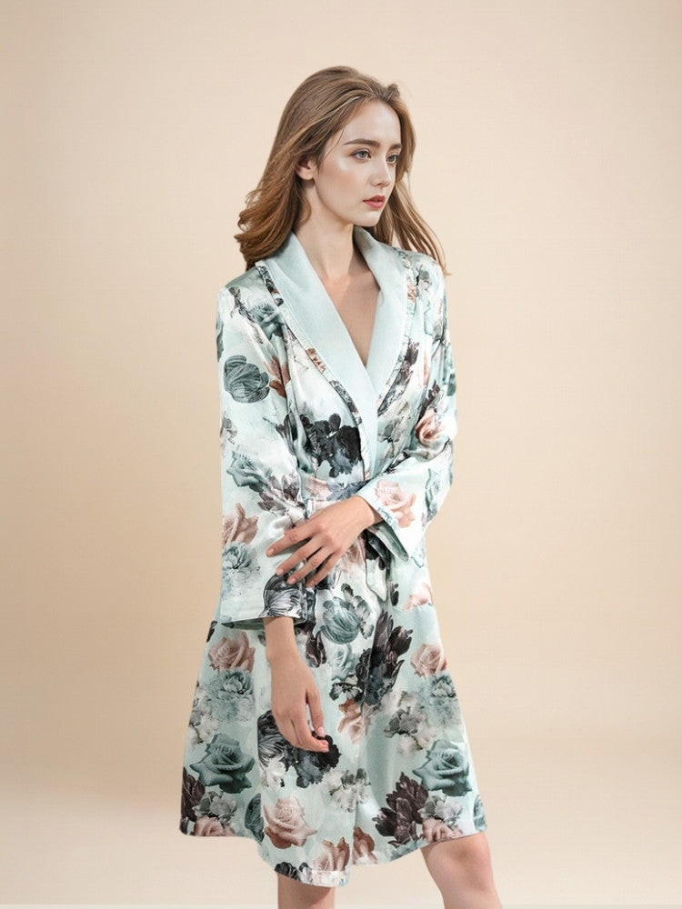 Myriana - Silk Botanical Print Lined Robe | The Silk Avenue