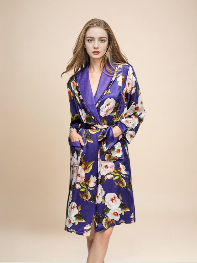 Myriana - Silk Botanical Print Lined Robe | The Silk Avenue