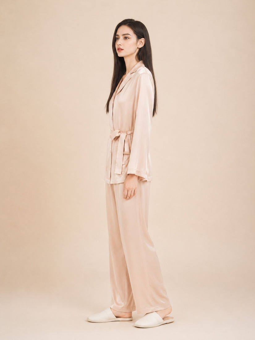 Nellie - Blush Pink Diamond Button Silk Pajama Set | The Silk Avenue