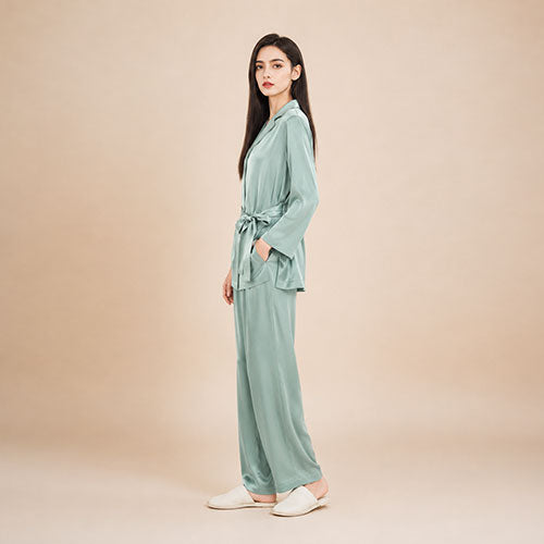 Nellie - Silver Blue Diamond Button Silk Pajama Set | The Silk Avenue