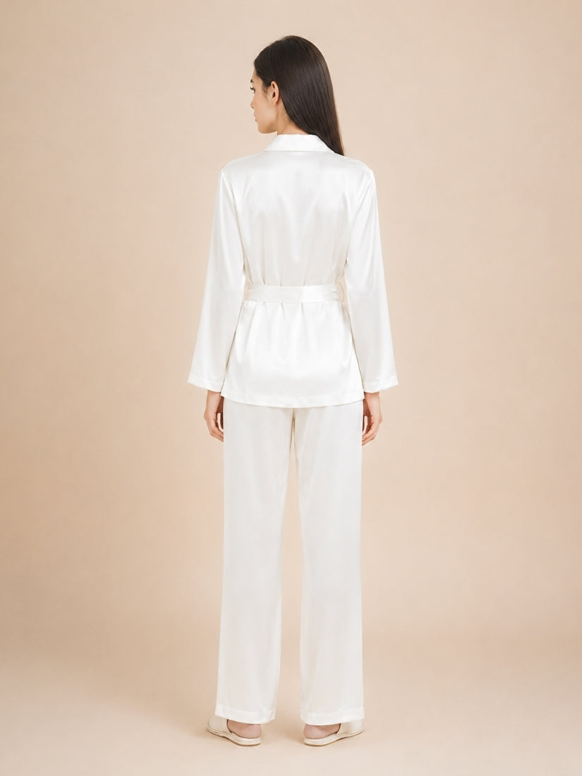 Nellie - White Diamond Button Silk Pajama Set | The Silk Avenue