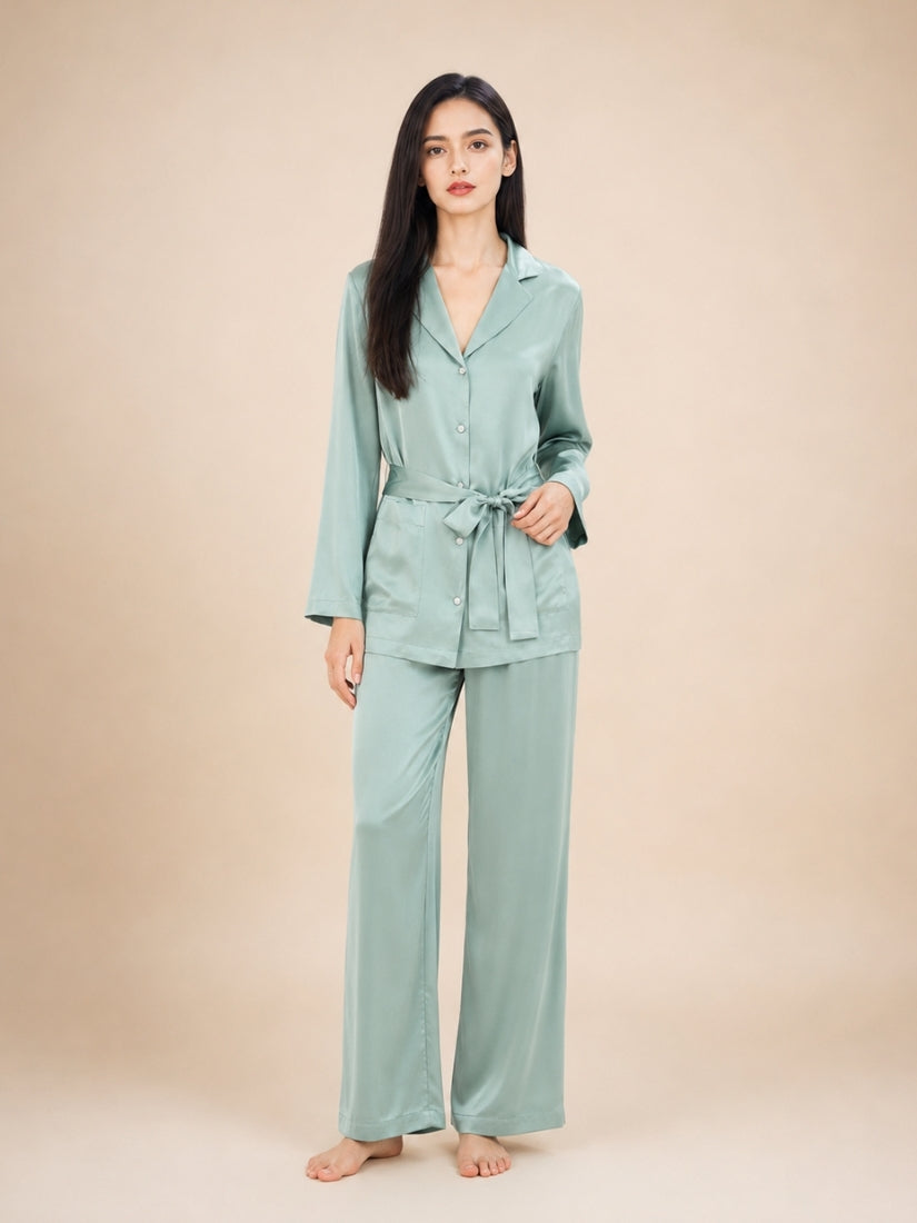Nellie - Silver Blue Diamond Button Silk Pajama Set | The Silk Avenue