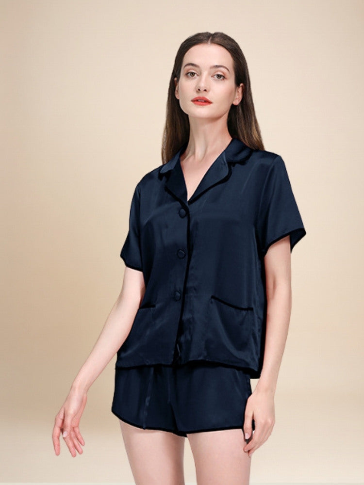 Neraliah Short Sleeve Piped Silk Pajama Set | The Silk Avenue