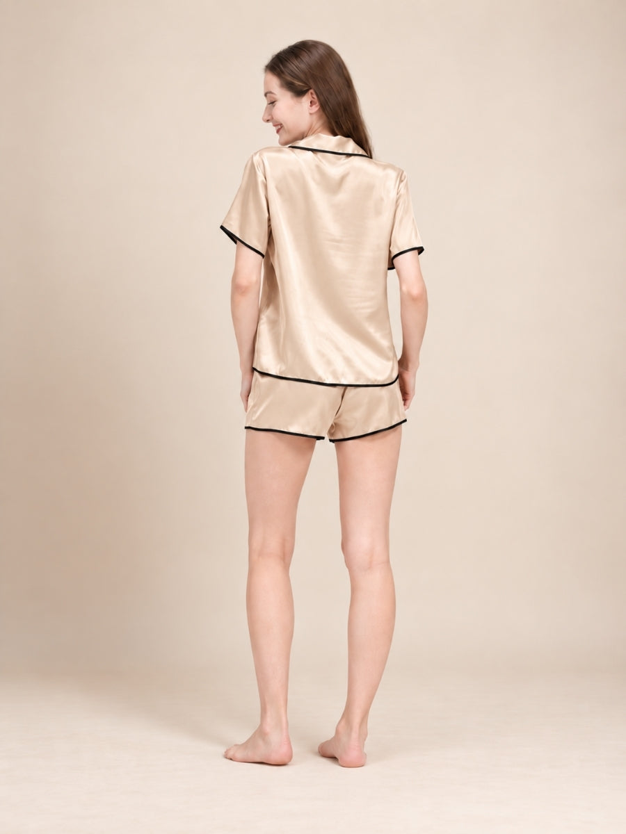 Neraliah Champagne Short Sleeve Piped Silk Pajama Set | The Silk Avenue