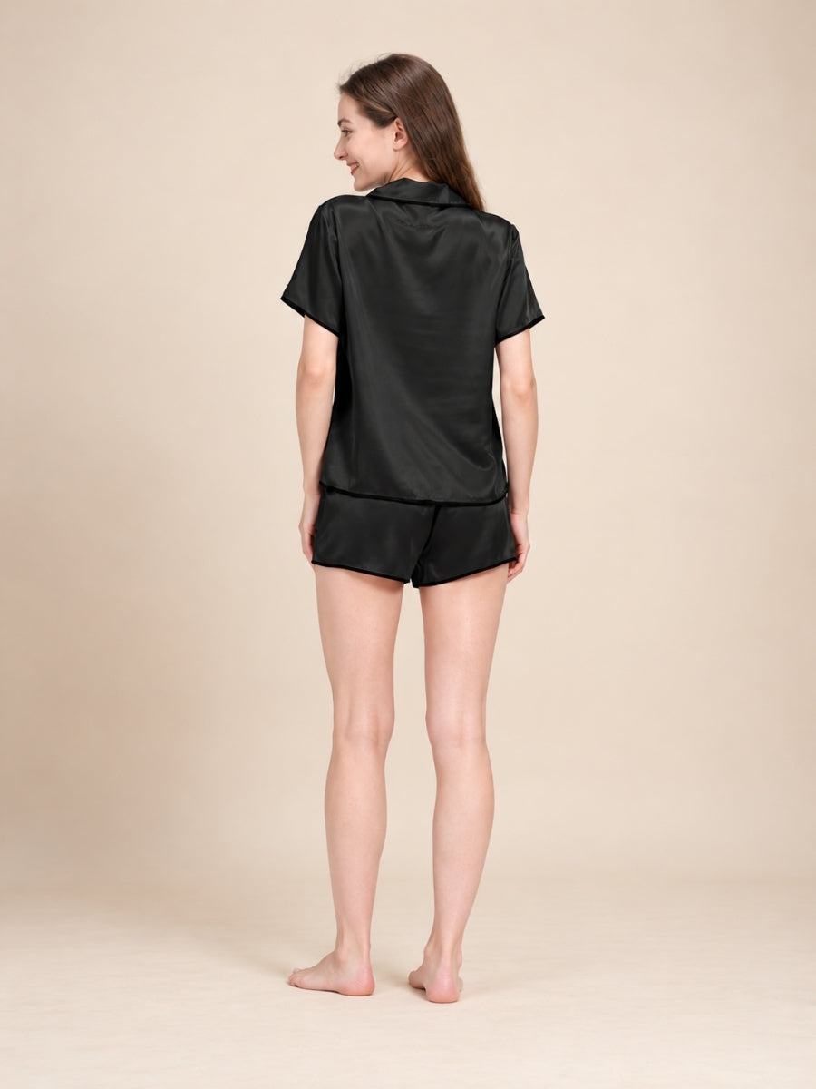Neraliah Black Short Sleeve Piped Silk Pajama Set | The Silk Avenue