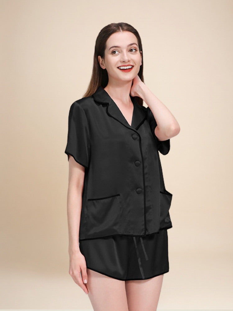 Neraliah Short Sleeve Piped Silk Pajama Set | The Silk Avenue