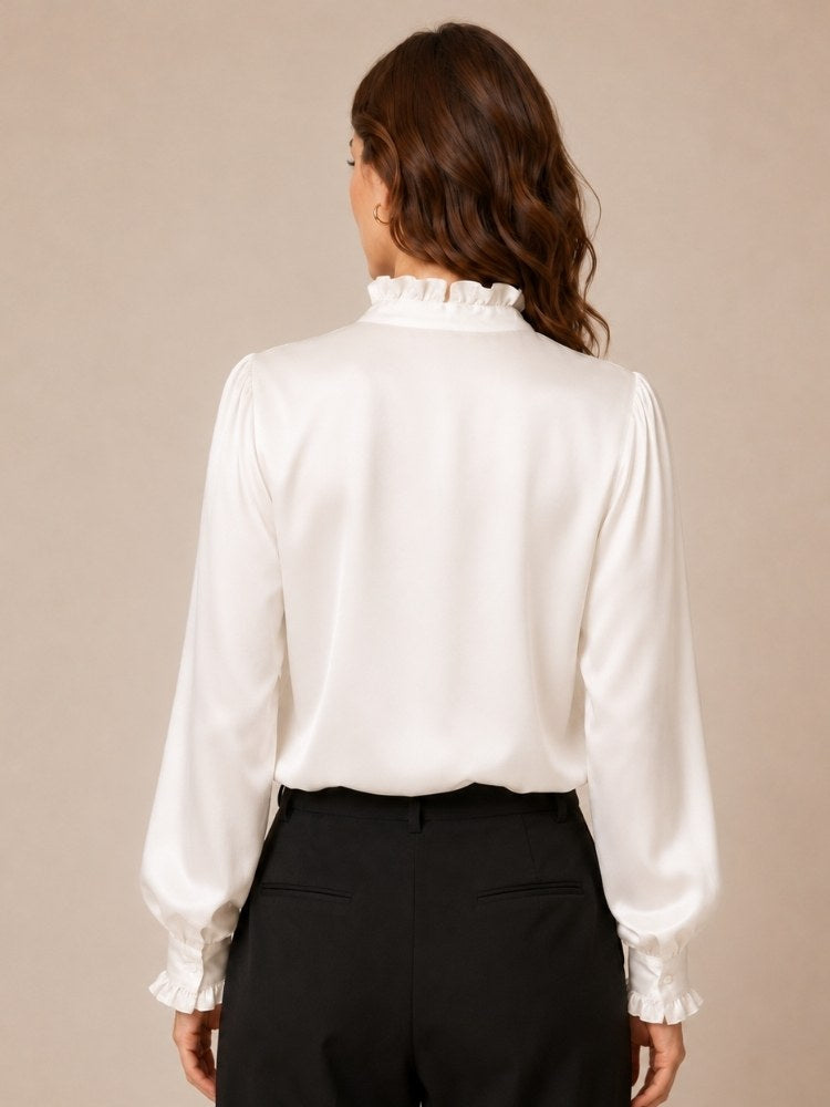 Nirelle - White Ruffled Collar Silk Blouse | The Silk Avenue