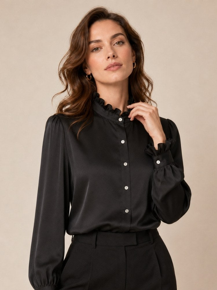 Nirelle - Black Ruffled Collar Silk Blouse | The Silk Avenue