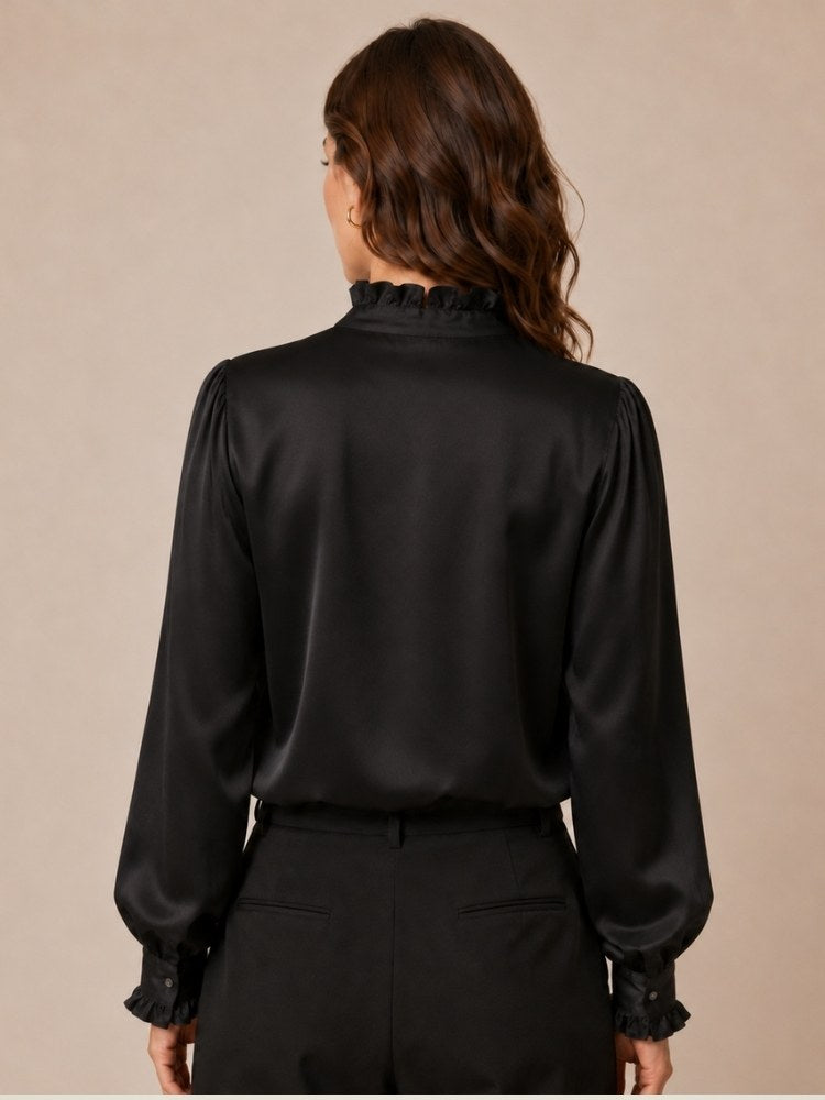 Nirelle - Black Ruffled Collar Silk Blouse | The Silk Avenue