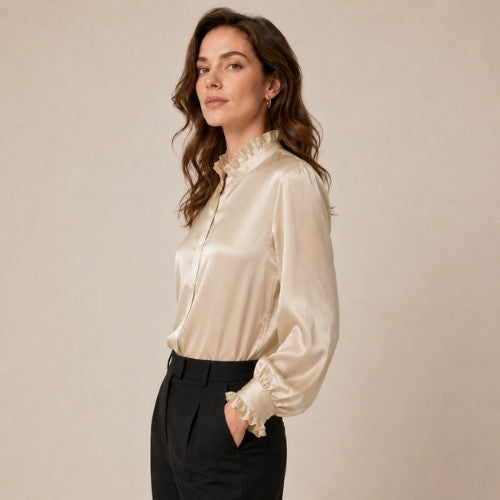 Nirelle - Champagne Ruffled Collar Silk Blouse | The Silk Avenue