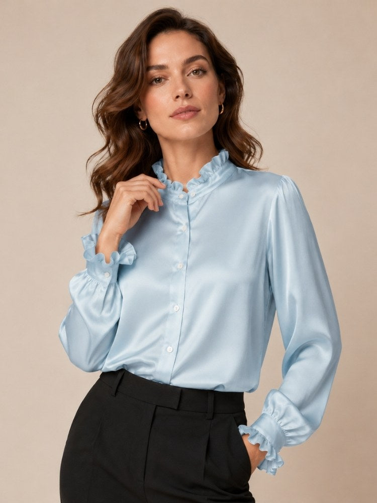 Nirelle - Light Blue Ruffled Collar Silk Blouse | The Silk Avenue