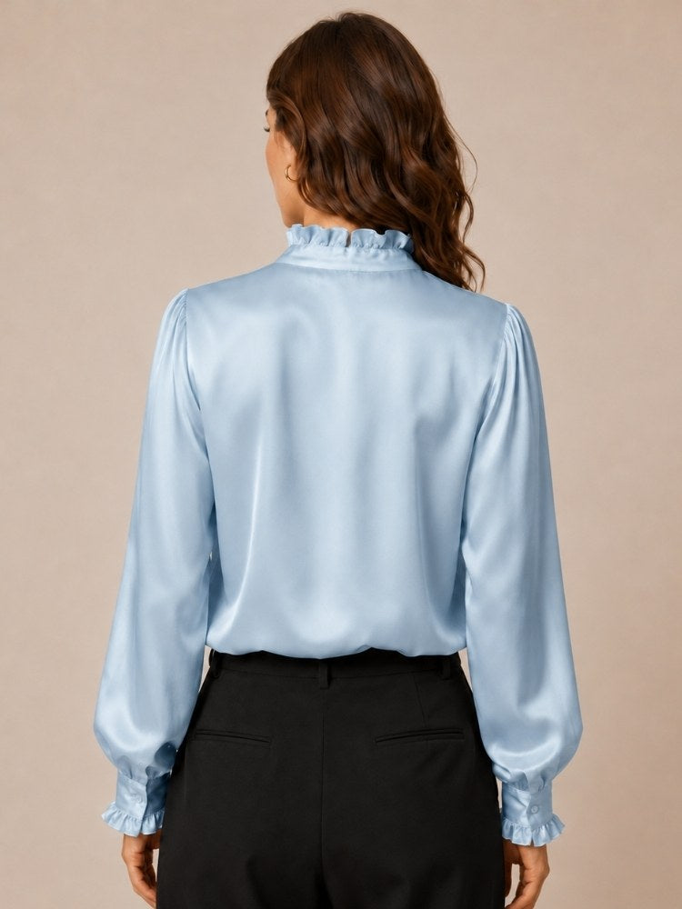Nirelle - Light Blue Ruffled Collar Silk Blouse | The Silk Avenue