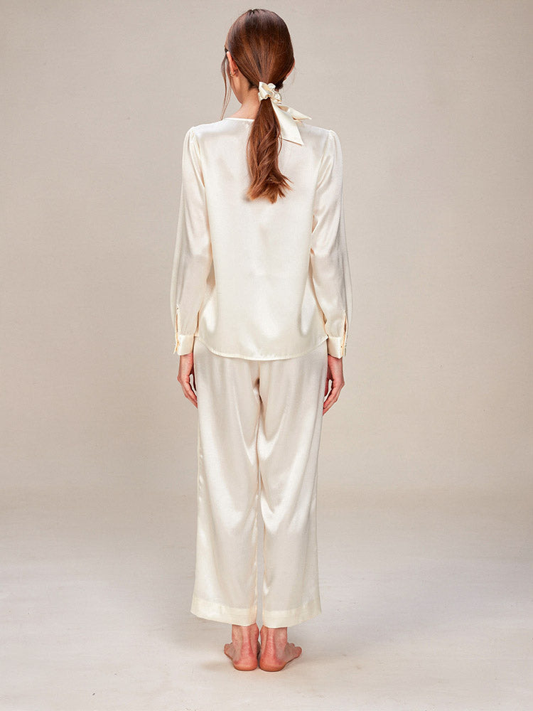 Novessa Long Sleeve Lace Silk Pajama Set | The Silk Avenue