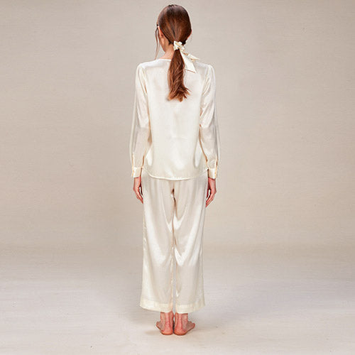Novessa Long Sleeve Lace Silk Pajama Set | The Silk Avenue