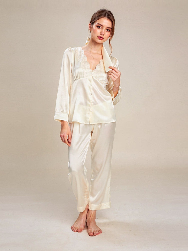 Novessa Long Sleeve Lace Silk Pajama Set | The Silk Avenue