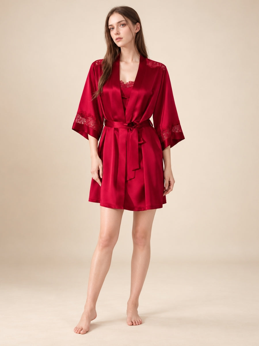 Olavine - Red Lace-Trim Silk Robe Set | The Silk Avenue