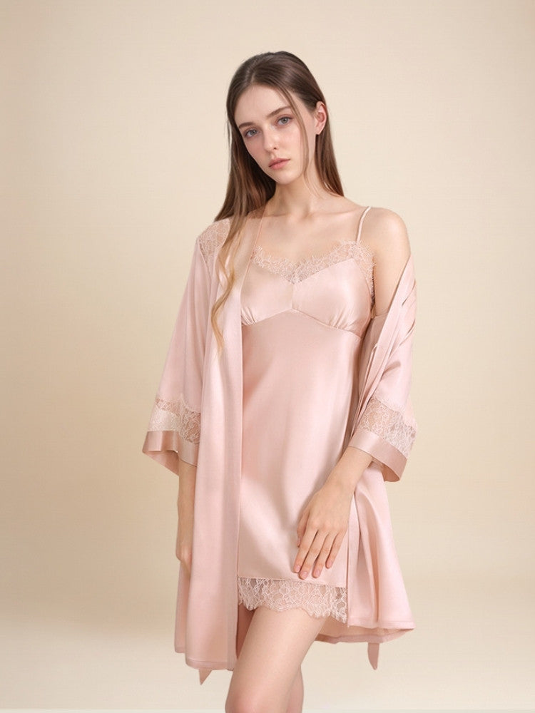 Olavine - Lace-Trim Silk Robe Set | The Silk Avenue