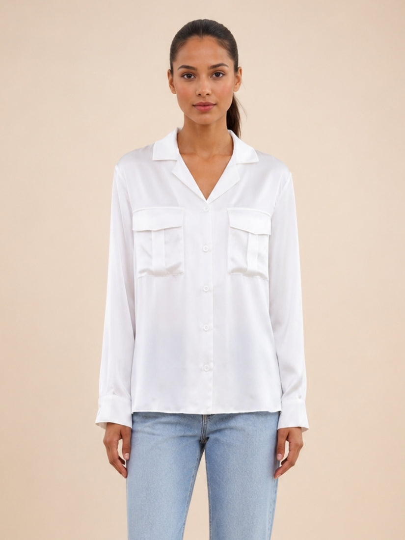 Olivia - White Double Pocket Silk Blouse | The Silk Avenue