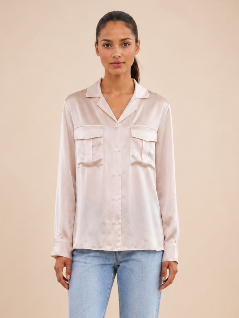 Olivia - Blush Pink Double Pocket Silk Blouse | The Silk Avenue
