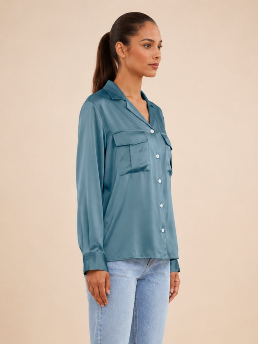Olivia - Blue Emerald Double Pocket Silk Blouse | The Silk Avenue