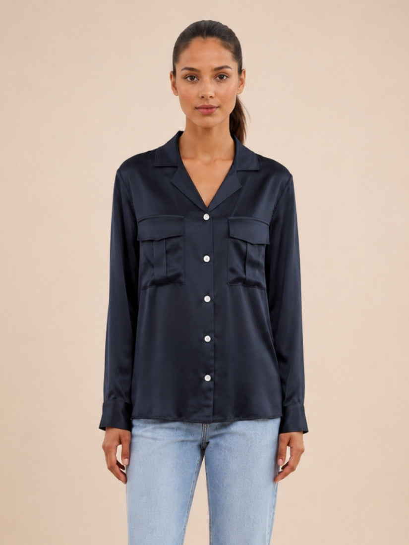 Olivia - Navy Double Pocket Silk Blouse | The Silk Avenue