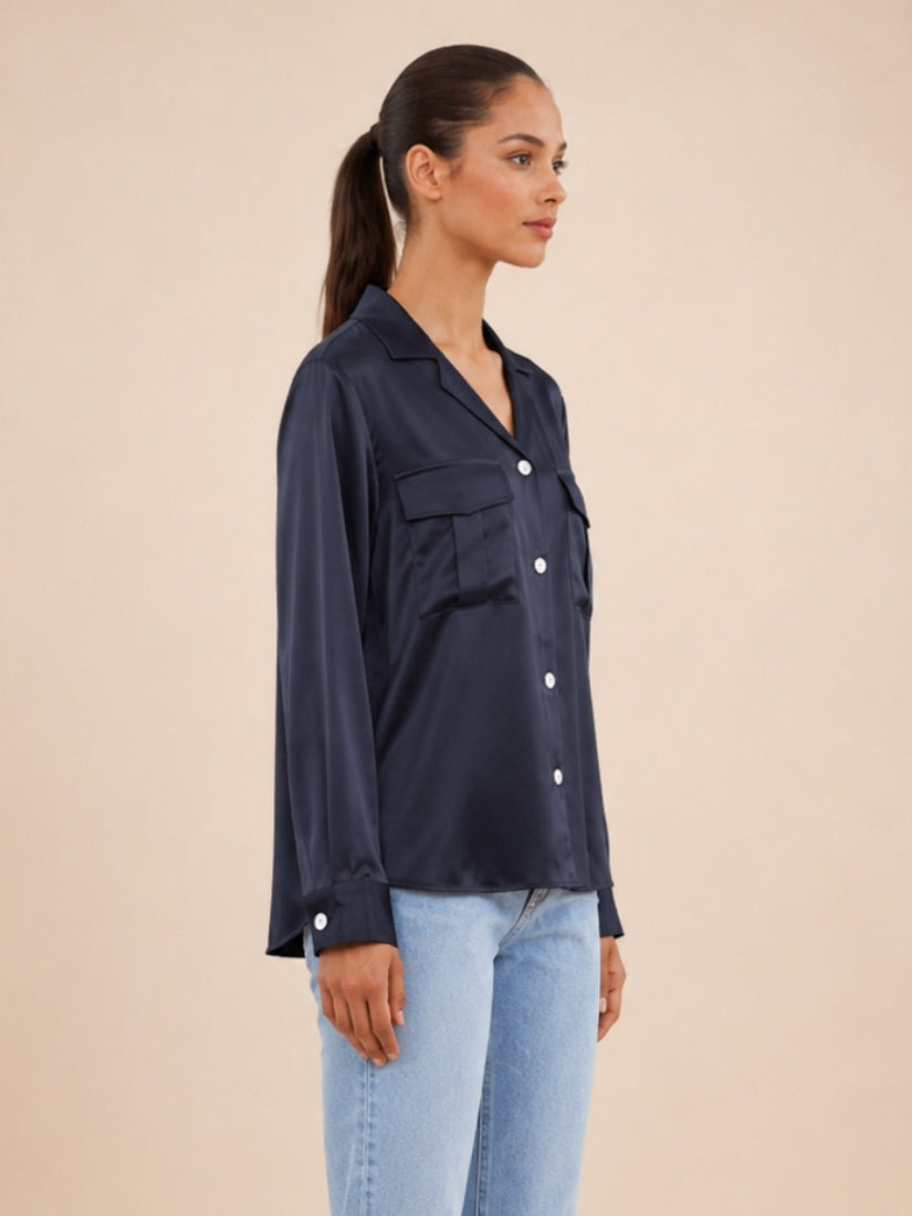 Olivia - Navy Double Pocket Silk Blouse | The Silk Avenue